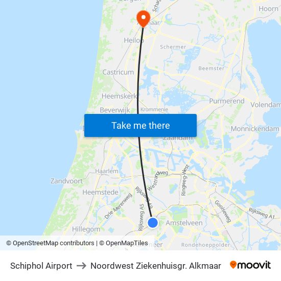 Schiphol Airport to Noordwest Ziekenhuisgr. Alkmaar map