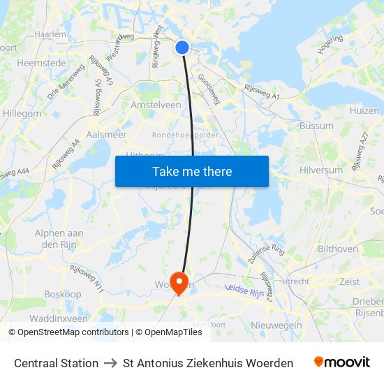 Centraal Station to St Antonius Ziekenhuis Woerden map