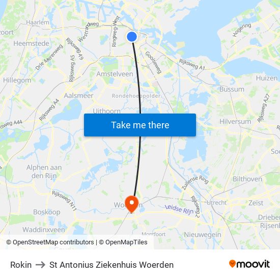 Rokin to St Antonius Ziekenhuis Woerden map