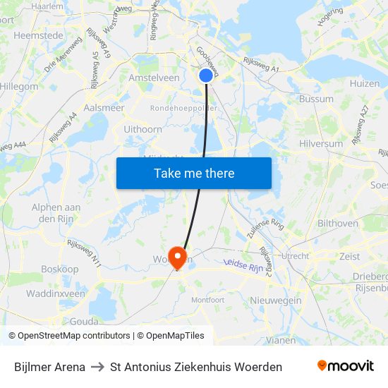 Bijlmer Arena to St Antonius Ziekenhuis Woerden map