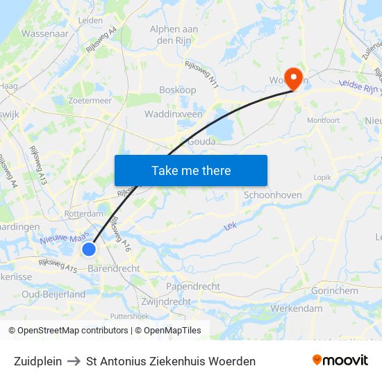 Zuidplein to St Antonius Ziekenhuis Woerden map