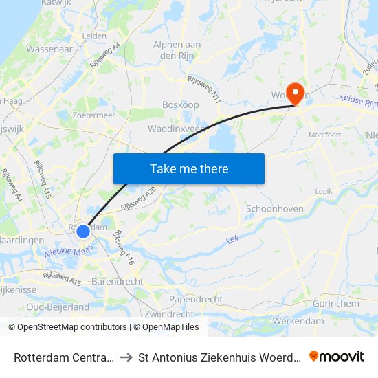 Rotterdam Centraal to St Antonius Ziekenhuis Woerden map