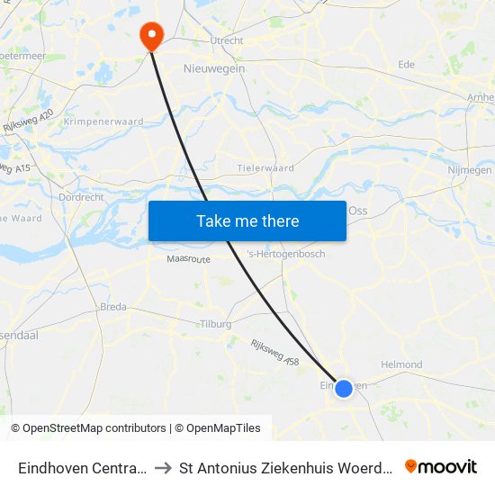 Eindhoven Centraal to St Antonius Ziekenhuis Woerden map