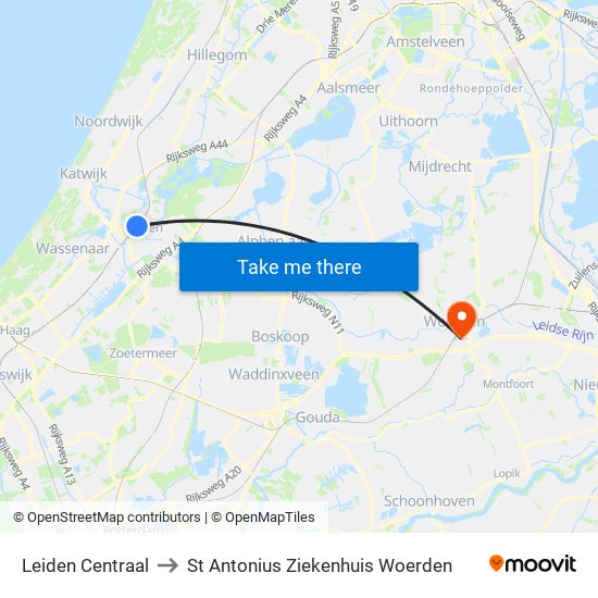 Leiden Centraal to St Antonius Ziekenhuis Woerden map