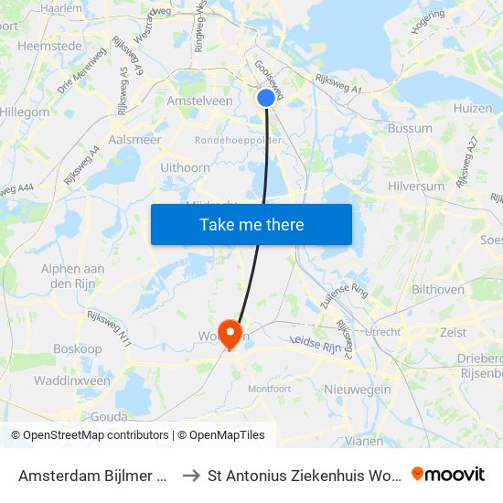 Amsterdam Bijlmer Arena to St Antonius Ziekenhuis Woerden map