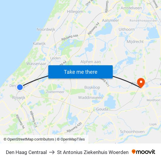 Den Haag Centraal to St Antonius Ziekenhuis Woerden map