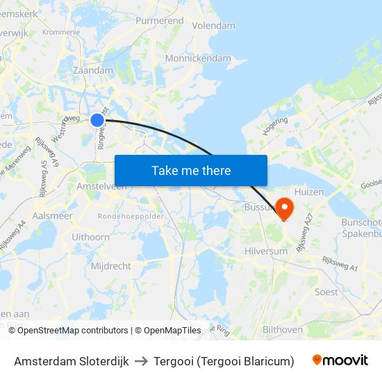 Amsterdam Sloterdijk to Tergooi (Tergooi Blaricum) map