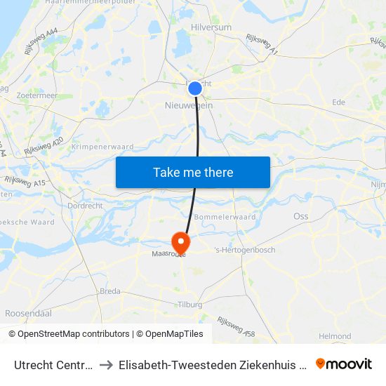 Utrecht Centraal to Elisabeth-Tweesteden Ziekenhuis (Etz) map