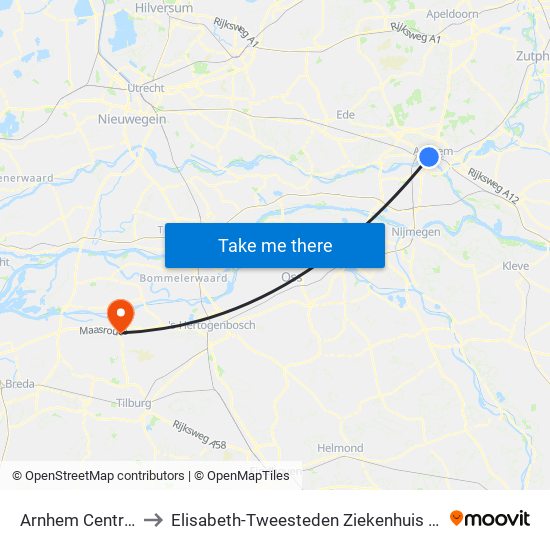 Arnhem Centraal to Elisabeth-Tweesteden Ziekenhuis (Etz) map