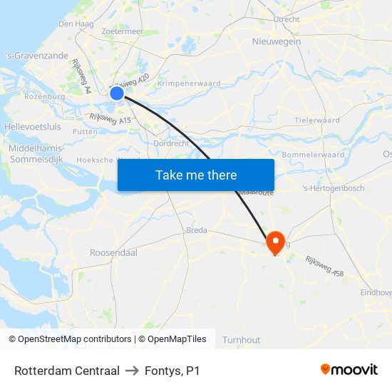 Rotterdam Centraal to Fontys, P1 map