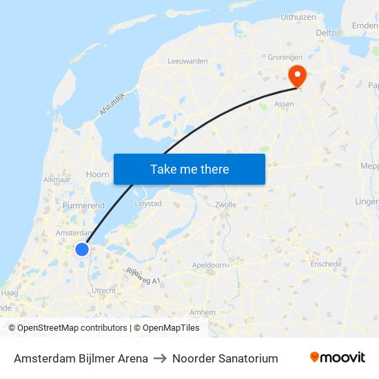 Amsterdam Bijlmer Arena to Noorder Sanatorium map