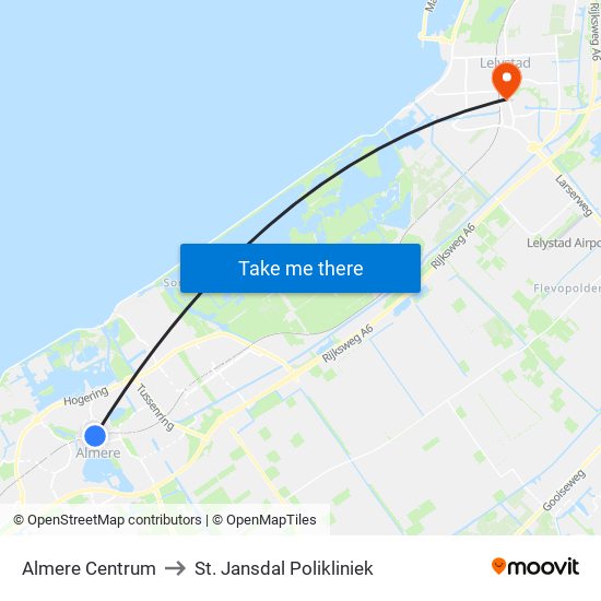 Almere Centrum to St. Jansdal Polikliniek map