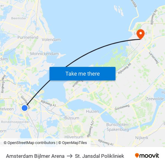 Amsterdam Bijlmer Arena to St. Jansdal Polikliniek map