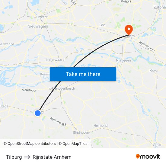 Tilburg to Rijnstate Arnhem map