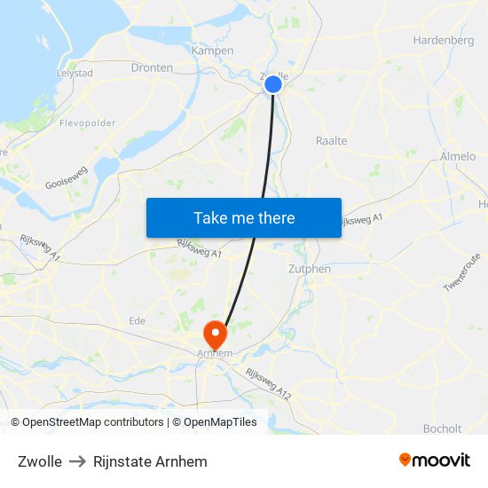 Zwolle to Rijnstate Arnhem map