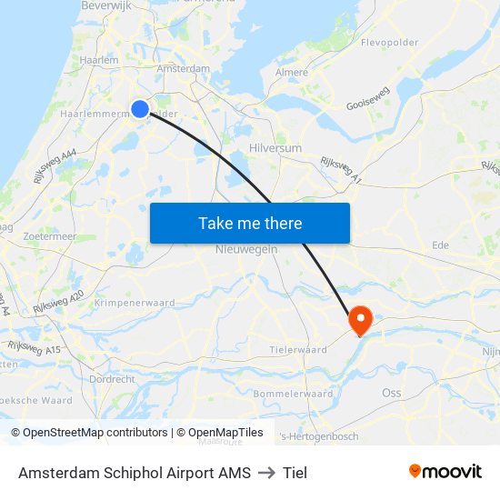 Amsterdam Schiphol Airport AMS to Tiel map