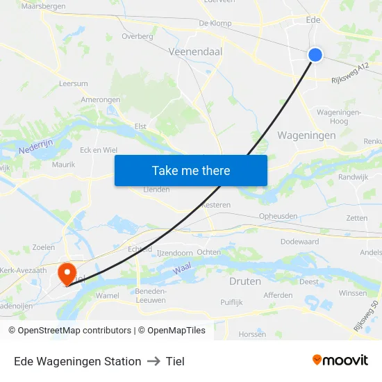 Ede Wageningen Station to Tiel map