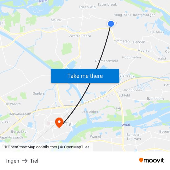 Ingen to Tiel map