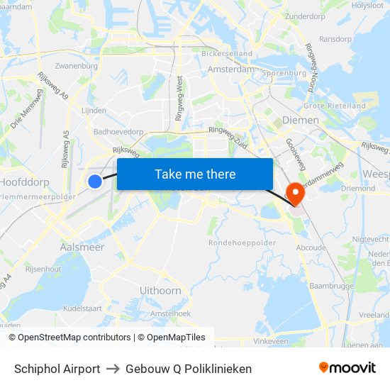 Schiphol Airport to Gebouw Q Poliklinieken map