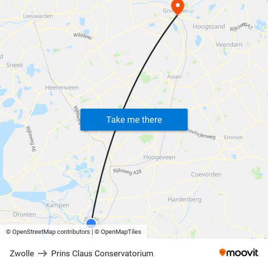 Zwolle to Prins Claus Conservatorium map