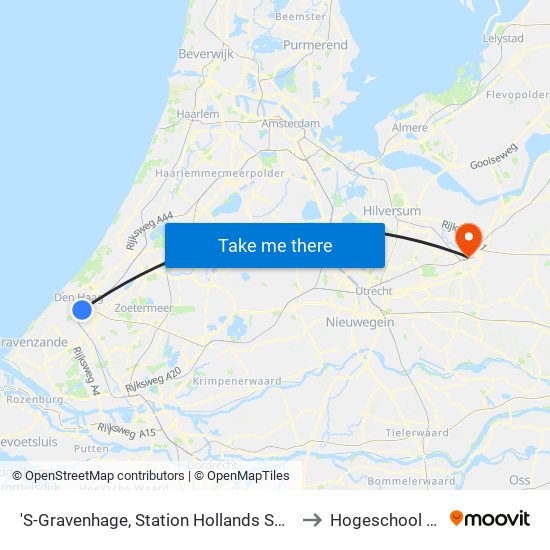 'S-Gravenhage, Station Hollands Spoor (Perron A) to Hogeschool Utrecht map