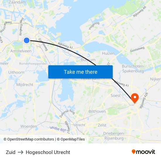 Zuid to Hogeschool Utrecht map