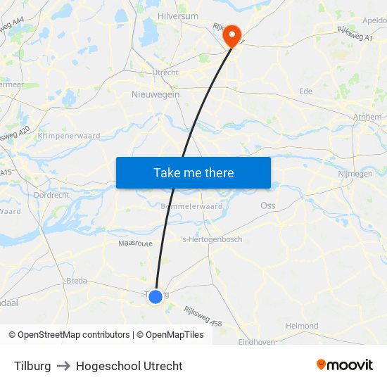 Tilburg to Hogeschool Utrecht map