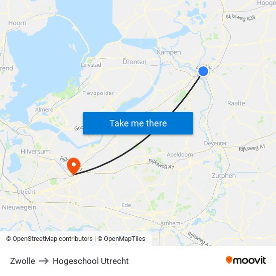 Zwolle to Hogeschool Utrecht map