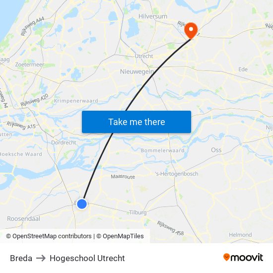 Breda to Hogeschool Utrecht map