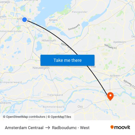 Amsterdam Centraal to Radboudumc - West map