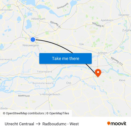 Utrecht Centraal to Radboudumc - West map