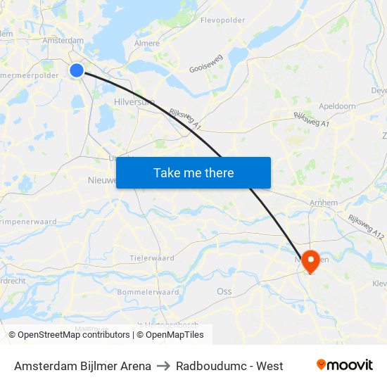 Amsterdam Bijlmer Arena to Radboudumc - West map