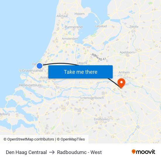 Den Haag Centraal to Radboudumc - West map