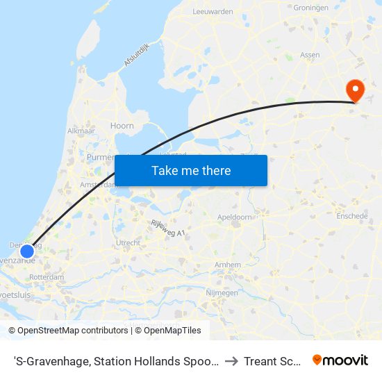 'S-Gravenhage, Station Hollands Spoor (Perron A) to Treant Scheper map