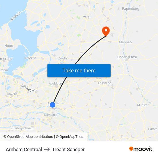 Arnhem Centraal to Treant Scheper map