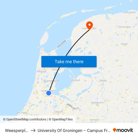 Weesperplein to University Of Groningen – Campus Fryslân map
