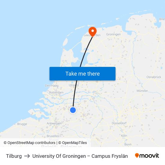 Tilburg to University Of Groningen – Campus Fryslân map