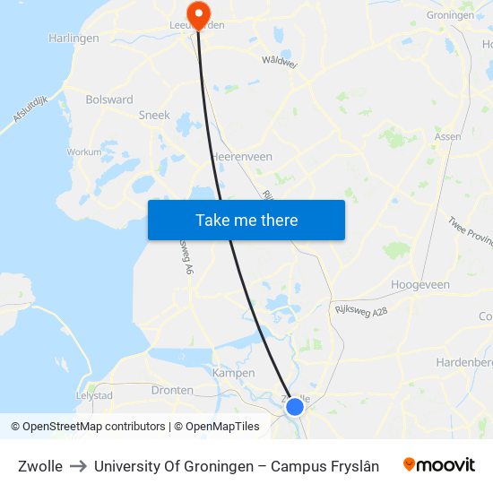 Zwolle to University Of Groningen – Campus Fryslân map