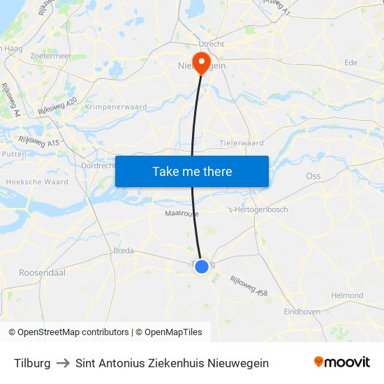 Tilburg to Sint Antonius Ziekenhuis Nieuwegein map