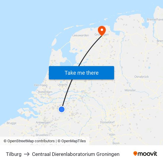 Tilburg to Centraal Dierenlaboratorium Groningen map