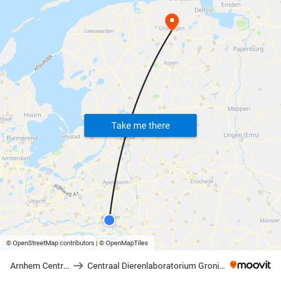 Arnhem Centraal to Centraal Dierenlaboratorium Groningen map