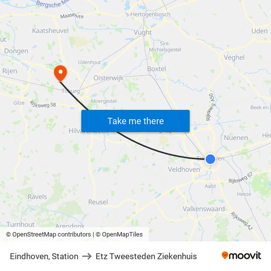 Eindhoven, Station to Etz Tweesteden Ziekenhuis map