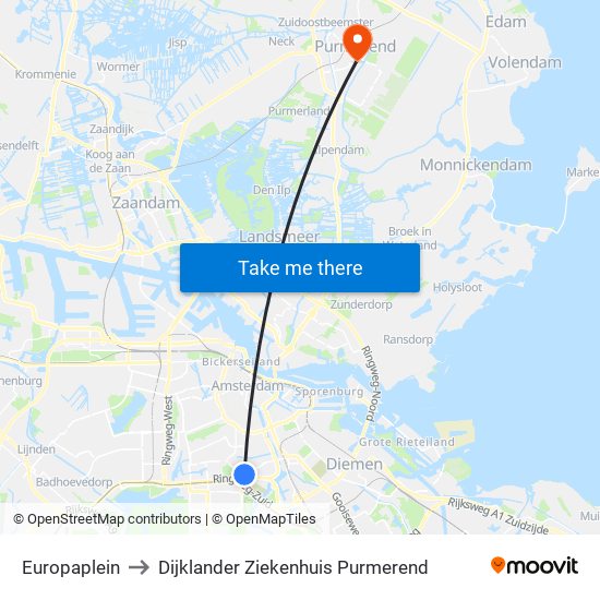 Europaplein to Dijklander Ziekenhuis Purmerend map