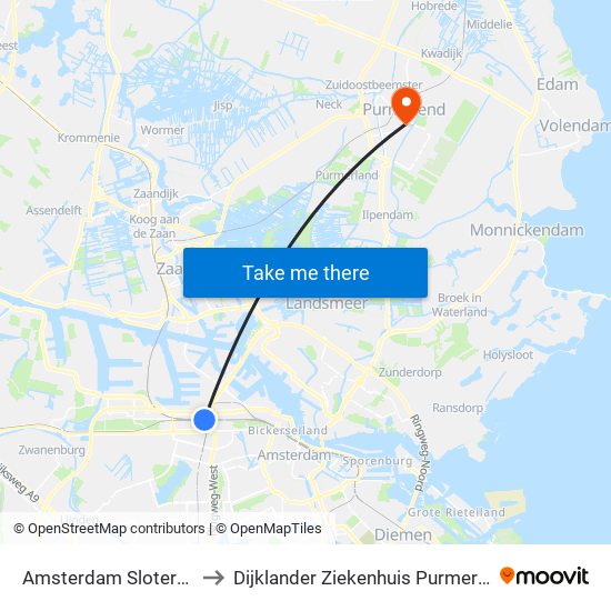 Amsterdam Sloterdijk to Dijklander Ziekenhuis Purmerend map