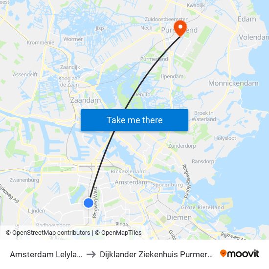 Amsterdam Lelylaan to Dijklander Ziekenhuis Purmerend map