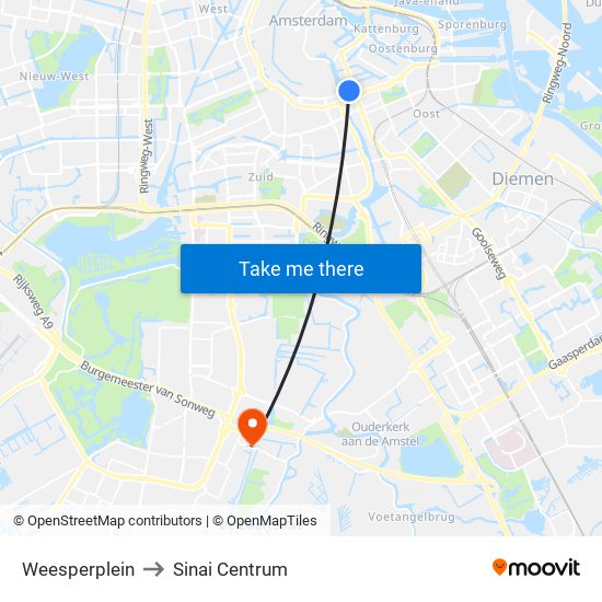 Weesperplein to Sinai Centrum map