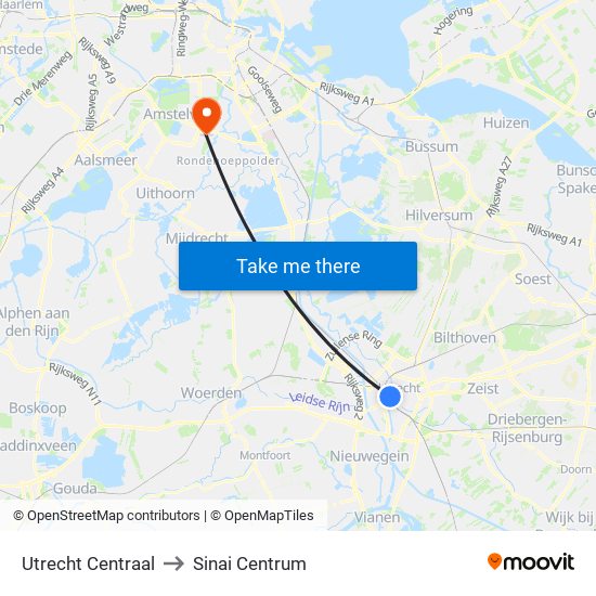 Utrecht Centraal to Sinai Centrum map