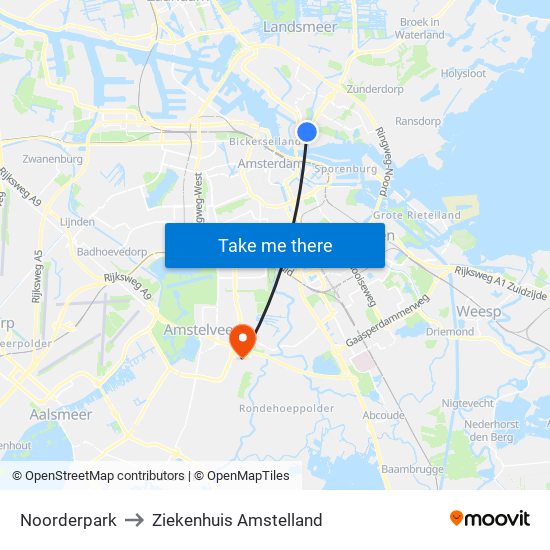 Noorderpark to Ziekenhuis Amstelland map