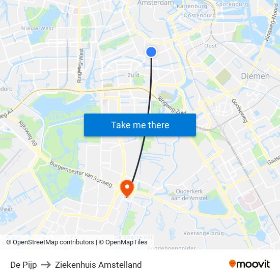 De Pijp to Ziekenhuis Amstelland map
