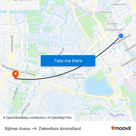 Bijlmer Arena to Ziekenhuis Amstelland map